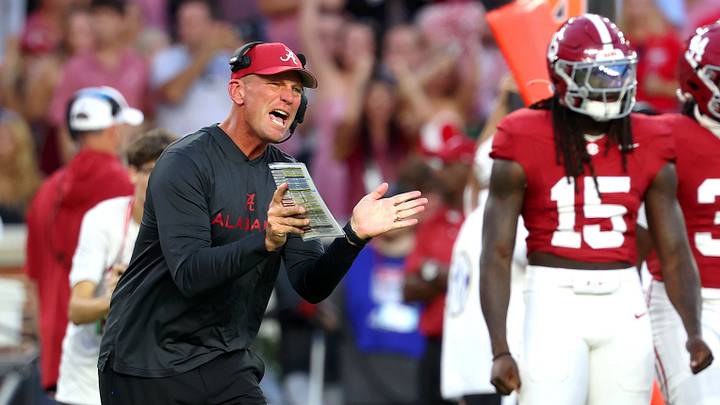 Alabama Crimson Tide head coach Kalen DeBoer reacts during the first quarter against the South Carolina Gamecocks at Saban Field at Bryant-Denny Stadium.  
