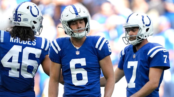 Oct 2, 2022; Indianapolis, Indiana, USA; Indianapolis Colts punter Matt Haack (6) reacts after kicker Chase McLaughlin (7) missed a field goal against the Tennessee Titans during the second half at Lucas Oil Stadium. Oct 2, 2022; Indianapolis, Indiana, USA; Indianapolis Colts punter Matt Haack (6) reacts after kicker Chase McLaughlin (7) missed a field goal against the Tennessee Titans during the second half at Lucas Oil Stadium.
