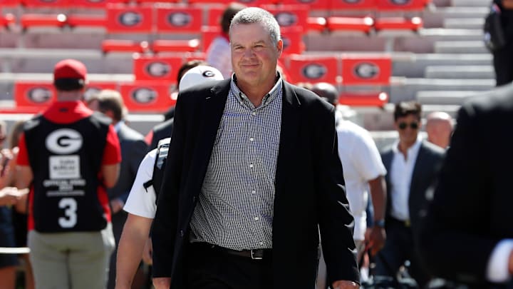 Georgia Offensive Line Coach Stacy Searels enters Sanford Stadium during the Dawg Walk before the start of a NCAA college football game against Tennessee Martin in Athens, Ga., on Saturday, Sept. 2, 2023. Georgia Offensive Line Coach Stacy Searels enters Sanford Stadium during the Dawg Walk before the start of a NCAA college football game against Tennessee Martin in Athens, Ga., on Saturday, Sept. 2, 2023.