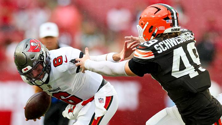 Sep 20, 2026; Tampa, Florida, USA; Tampa Bay Buccaneers quarterback Baker Mayfield (6) is pressured by Cleveland Browns linebacker Carson Schwesinger (49) in the fourth quarter at Raymond James Stadium. Mandatory Credit: Nathan Ray Seebeck-Imagn Images Sep 20, 2026; Tampa, Florida, USA; Tampa Bay Buccaneers quarterback Baker Mayfield (6) is pressured by Cleveland Browns linebacker Carson Schwesinger (49) in the fourth quarter at Raymond James Stadium. Mandatory Credit: Nathan Ray Seebeck-Imagn Images