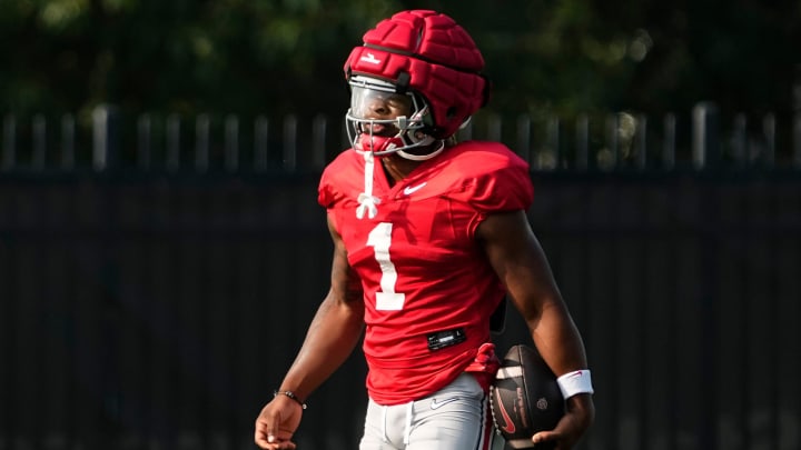 Aug 8, 2024; Columbus, Ohio, USA; Ohio State Buckeyes running back Quinshon Judkins (1) carries the ball during football practice at the Woody Hayes Athletic Complex.
