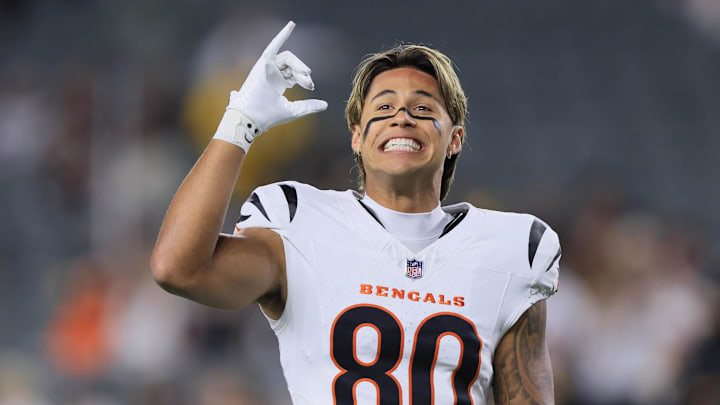 Oct 16, 2025; Cincinnati, Ohio, USA; Cincinnati Bengals wide receiver Andrei Iosivas (80) acknowledges the crowd before the game against the Pittsburgh Steelers at Paycor Stadium.