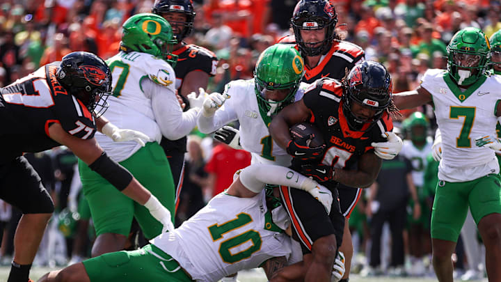 Oregon State Beavers running back Anthony Hankerson (0) runs the ball to score a touchdown in the first half of the annual rivalry game against the Oregon Ducks on Saturday, Sept. 14, 2024 at Reser Stadium in Corvallis, Ore. Oregon State Beavers running back Anthony Hankerson (0) runs the ball to score a touchdown in the first half of the annual rivalry game against the Oregon Ducks on Saturday, Sept. 14, 2024 at Reser Stadium in Corvallis, Ore.