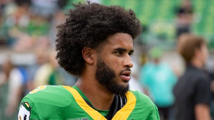 Oregon quarterback Dante Moore warms up as the Oregon Ducks host the Oklahoma State Cowboys on Sept. 6, 2025, at Autzen Stadium in Eugene, Oregon.