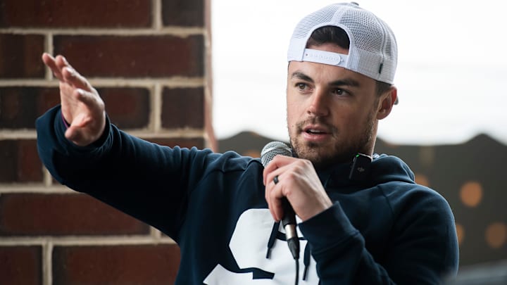 Former Penn State quarterback Trace McSorley answers talks with fans during a Happy Valley United Q&A session in 2024. Former Penn State quarterback Trace McSorley answers talks with fans during a Happy Valley United Q&A session in 2024.