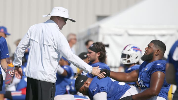 Bills head coach Sean McDermott visits with tackle Ed Oliver during day five of Buffalo Bills training camp at St. John Fisher University Monday, July 28, 2025 in Pittsford, NY. Bills head coach Sean McDermott visits with tackle Ed Oliver during day five of Buffalo Bills training camp at St. John Fisher University Monday, July 28, 2025 in Pittsford, NY.