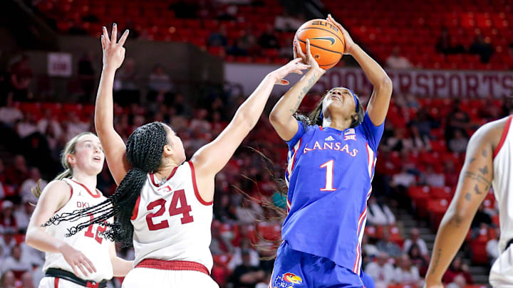 Kansas center Taiyanna Jackson (1) shoots the ball as Oklahoma forward Skylar Vann (24) guards 