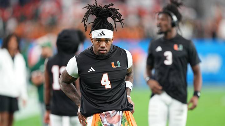 Jan 8, 2026; Glendale, AZ, USA; Miami Hurricanes running back Mark Fletcher Jr. (4) practices before the game during the 2026 Fiesta Bowl and semifinal game of the College Football Playoff at State Farm Stadium. Mandatory Credit: Joe Camporeale-Imagn Images