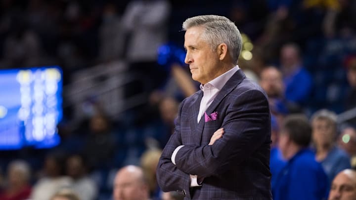 Jan 29, 2022; Tulsa, Oklahoma, USA; South Florida Bulls head coach Brian Gregory during the first half against the Tulsa Golden Hurricane at Reynolds Center.  Tulsa won 76-45. Mandatory Credit: Brett Rojo-Imagn Images