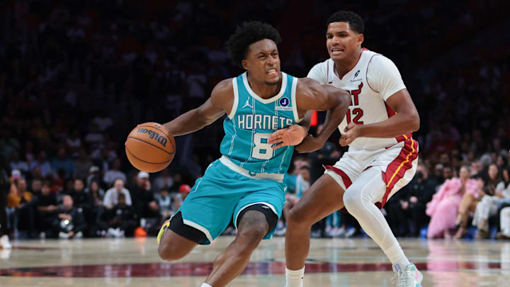 Oct 28, 2025; Miami, Florida, USA; Charlotte Hornets guard Collin Sexton (8) drives to the basket against Miami Heat guard Dru Smith (12) during the first quarter at Kaseya Center. Mandatory Credit: Sam Navarro-Imagn Images Oct 28, 2025; Miami, Florida, USA; Charlotte Hornets guard Collin Sexton (8) drives to the basket against Miami Heat guard Dru Smith (12) during the first quarter at Kaseya Center. Mandatory Credit: Sam Navarro-Imagn Images