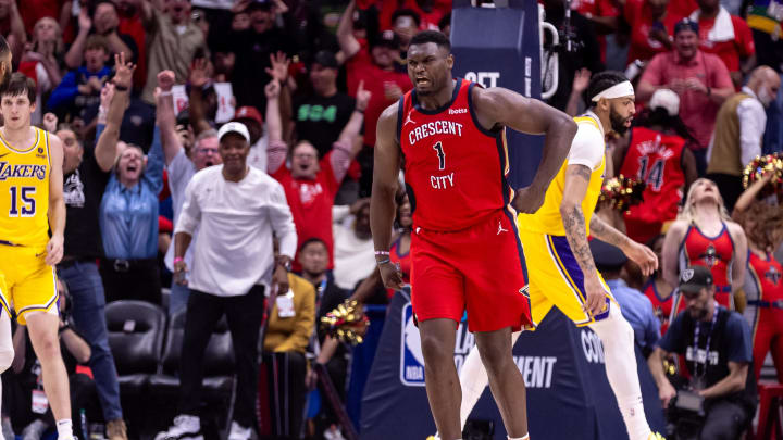 Apr 16, 2024; New Orleans, Louisiana, USA; New Orleans Pelicans forward Zion Williamson (1) reacts Apr 16, 2024; New Orleans, Louisiana, USA; New Orleans Pelicans forward Zion Williamson (1) reacts