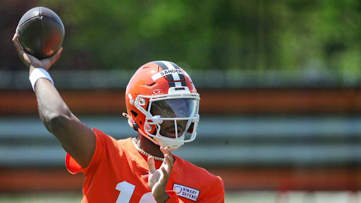 Cleveland Browns quarterback Shedeur Sanders (12) throws during day two of NFL rookie minicamp at the Cleveland Browns training facility on Saturday, May 10, 2025, in Berea, Ohio.