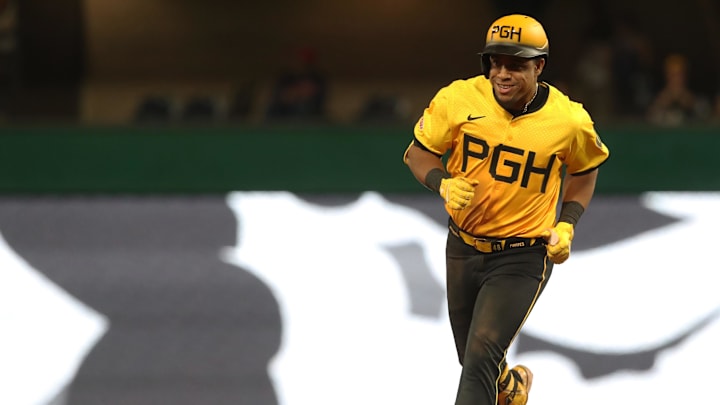 Apr 18, 2025; Pittsburgh, Pennsylvania, USA;  Pittsburgh Pirates first baseman Enmanuel Valdez (48) circles the bases after a two-run home run against the Cleveland Guardians during the seventh inning at PNC Park. Mandatory Credit: Charles LeClaire-Imagn Images