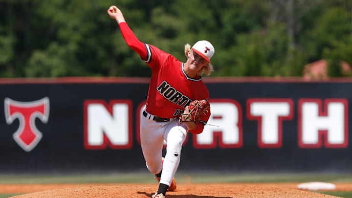 North Oconee  s Bubba Chandler (16) throws a pitch during game one of a GHSA AAAA semifinal between