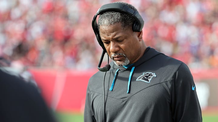 Jan 1, 2023; Tampa, Florida, USA; Carolina Panthers interm head coach Steve Wilks during the second half at Raymond James Stadium. Mandatory Credit: Kim Klement-Imagn Images