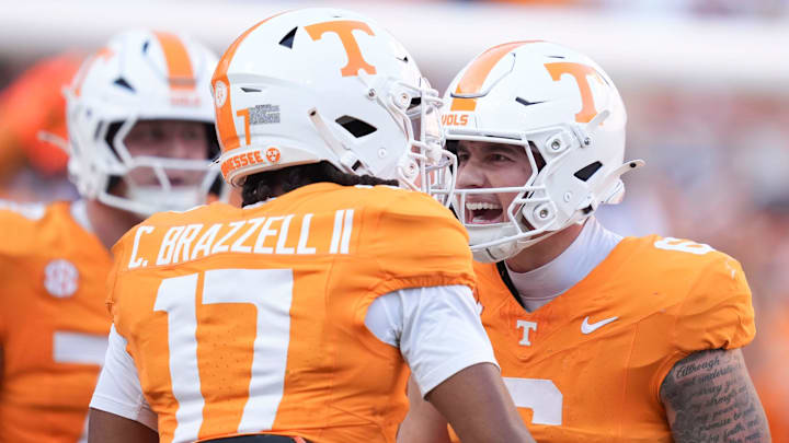 Tennessee wide receiver Chris Brazzell II (17) and quarterback Joey Aguilar (6) celebrate Brazzell's touchdown in the second half of the NCAA college football game against Georgia on September 13, 2025, Knoxville, Tennessee.