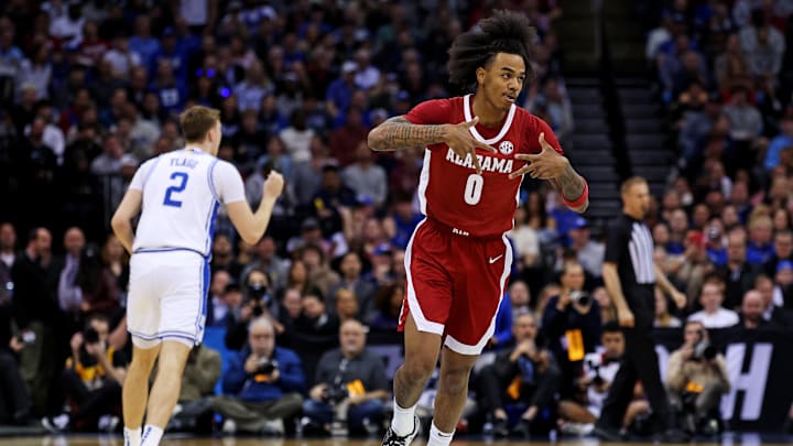 Mar 29, 2025; Newark, NJ, USA; Alabama Crimson Tide guard Labaron Philon (0) celebrates after a play during the first half against the Duke Blue Devils in the East Regional final of the 2025 NCAA tournament at Prudential Center. Mandatory Credit: Vincent Carchietta-Imagn Images