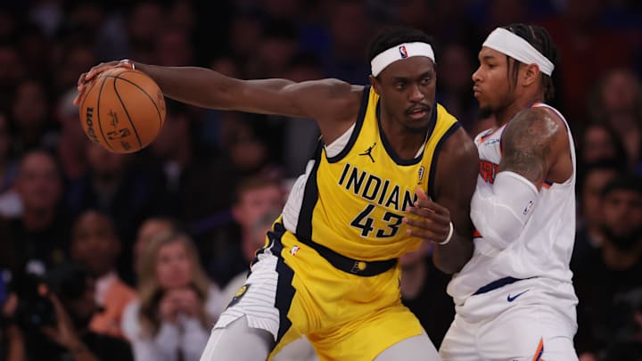 Indiana Pacers forward Pascal Siakam (43) controls the ball against New York Knicks guard Miles McBride (2) in the third quarter during game one of the eastern conference finals for the 2025 NBA Playoffs at Madison Square Garden.