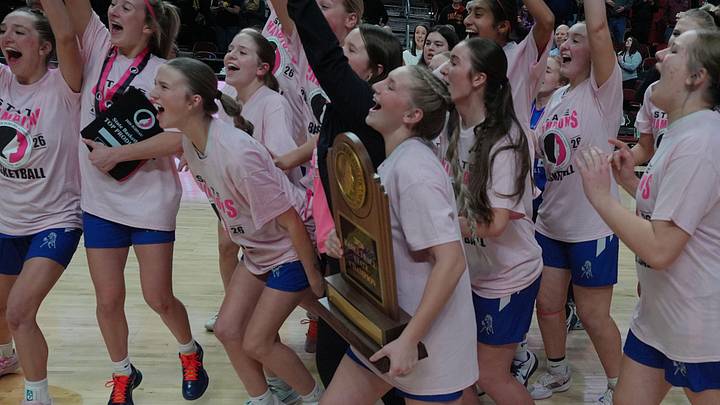 Newell-Fonda girls basketball team celebrates after winning 1A girls high school basketball title games on March 7, 2026, at Casey’s Center in Des Moines, Iowa. Newell-Fonda girls basketball team celebrates after winning 1A girls high school basketball title games on March 7, 2026, at Casey’s Center in Des Moines, Iowa.
