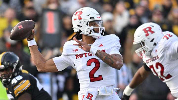 Nov 11, 2023; Iowa City, Iowa, USA; Rutgers Scarlet Knights quarterback Gavin Wimsatt (2) throws a