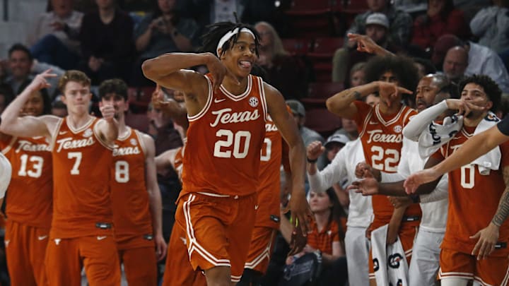Mar 4, 2025; Starkville, Mississippi, USA; Texas Longhorns guard Tre Johnson (20) reacts after basket during the second half against the Mississippi State Bulldogs at Humphrey Coliseum. Mandatory Credit: Petre Thomas-Imagn Images