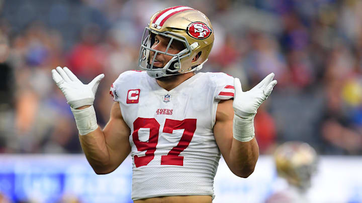 Oct 30, 2022; Inglewood, California, USA; San Francisco 49ers defensive end Nick Bosa (97) reacts