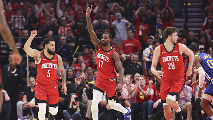 Apr 23, 2025; Houston, Texas, USA; Houston Rockets forward Tari Eason (17) reacts after making a basket during the first half during game two of the first round for the 2024 NBA Playoffs at Toyota Center. Mandatory Credit: Troy Taormina-Imagn Images