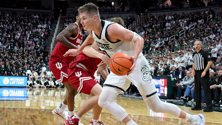 Jan 13, 2026; East Lansing, Michigan, USA; Michigan State Spartans forward Jaxon Kohler (0) drives the baseline during the second half against the Indiana Hoosiers at Jack Breslin Student Events Center. Mandatory Credit: Dale Young-Imagn Images Jan 13, 2026; East Lansing, Michigan, USA; Michigan State Spartans forward Jaxon Kohler (0) drives the baseline during the second half against the Indiana Hoosiers at Jack Breslin Student Events Center. Mandatory Credit: Dale Young-Imagn Images