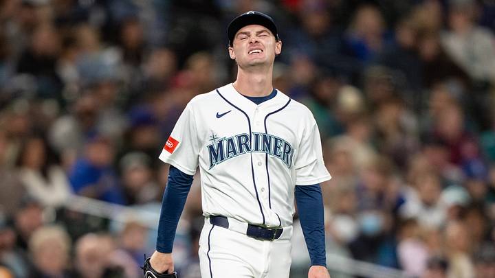 Sep 26, 2026; Seattle, Washington, USA;  Seattle Mariners starting pitcher Kade Anderson (13) reacts after getting hit by a ball on his throwing arm during the fourth inning against the Los Angeles Angels at T-Mobile Park. Mandatory Credit: Stephen Brashear-Imagn Images