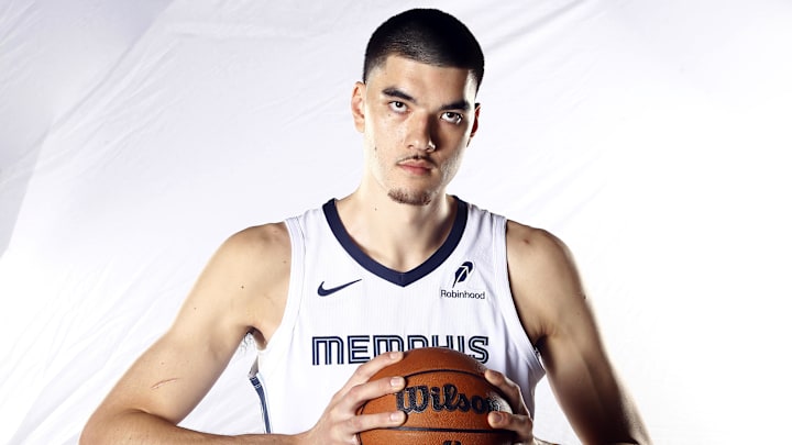 Sep 30, 2024; Memphis, TN, USA; Memphis Grizzlies center Zach Edey (14) during media day at FedEx Forum. Mandatory Credit: Petre Thomas-Imagn Images