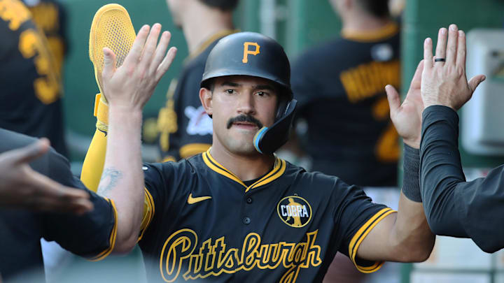 Aug 18, 2025; Pittsburgh, Pennsylvania, USA; Pittsburgh Pirates second baseman Nick Gonzales (39) celebrates with teammates in the dugout after scoring a run against the Toronto Blue Jays during the second inning at PNC Park. Mandatory Credit: Charles LeClaire-Imagn Images Aug 18, 2025; Pittsburgh, Pennsylvania, USA; Pittsburgh Pirates second baseman Nick Gonzales (39) celebrates with teammates in the dugout after scoring a run against the Toronto Blue Jays during the second inning at PNC Park. Mandatory Credit: Charles LeClaire-Imagn Images