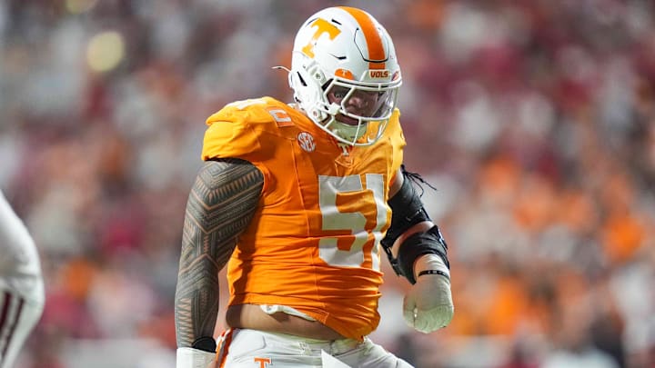 Tennessee defensive lineman Jaxson Moi (51) celebrates after a tackle during a college football game between Tennessee and Arkansas at Neyland Stadium in Knoxville, Tenn., on Oct. 11, 2025.