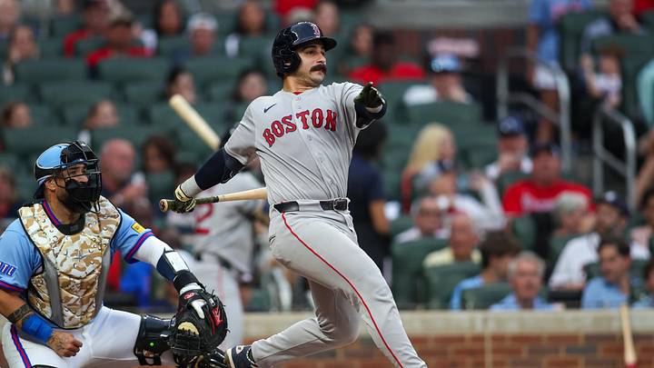 May 16, 2026; Atlanta, Georgia, USA; Boston Red Sox catcher Mickey Gasper (30) hits a single against the Atlanta Braves in the fourth inning at Truist Park. Mandatory Credit: Brett Davis-Imagn Images
