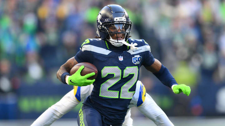 Seattle Seahawks wide receiver Rashid Shaheed (22) runs in the first half against the Los Angeles Rams in the 2026 NFC Championship Game at Lumen Field.