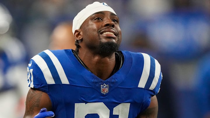 Indianapolis Colts running back Tyler Goodson (31) listens to pregame jams over the stadium sound system, during warmups of Las Vegas Raiders at Indianapolis Colts, Sunday, Dec. 31, 2023, at Lucas Oil Stadium. Indianapolis Colts running back Tyler Goodson (31) listens to pregame jams over the stadium sound system, during warmups of Las Vegas Raiders at Indianapolis Colts, Sunday, Dec. 31, 2023, at Lucas Oil Stadium.