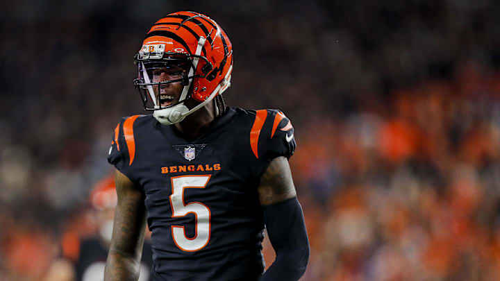 Nov 5, 2023; Cincinnati, Ohio, USA; Cincinnati Bengals wide receiver Tee Higgins (5) reacts after advancing the ball against the Buffalo Bills in the second half at Paycor Stadium. Mandatory Credit: Katie Stratman-USA TODAY Sports Nov 5, 2023; Cincinnati, Ohio, USA; Cincinnati Bengals wide receiver Tee Higgins (5) reacts after advancing the ball against the Buffalo Bills in the second half at Paycor Stadium. Mandatory Credit: Katie Stratman-USA TODAY Sports
