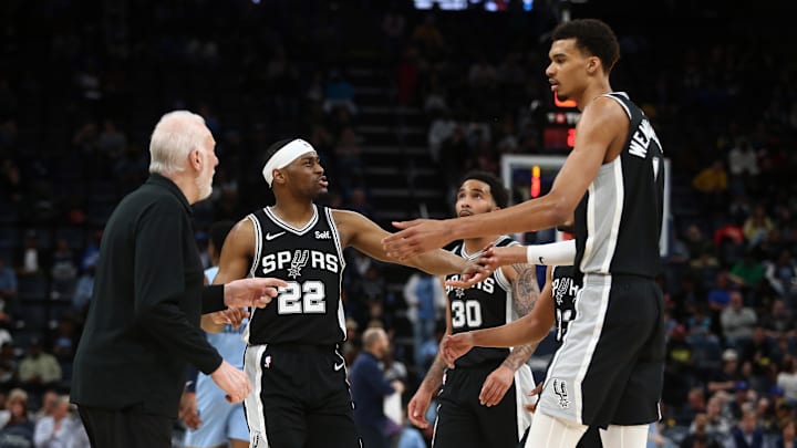 Apr 9, 2024; Memphis, Tennessee, USA; San Antonio Spurs guard Malaki Branham (22) reacts with center Victor Wembanyama (1) after a basket during the second half against the Memphis Grizzlies at FedExForum. Mandatory Credit: Petre Thomas-Imagn Images