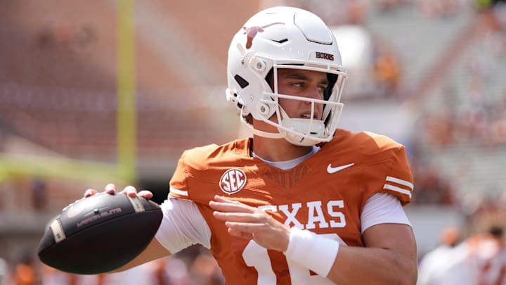 Texas Longhorns quarterback Arch Manning warms up before a game against the Texas El Paso Miners at Darrell K Royal-Texas Memorial Stadium. Texas Longhorns quarterback Arch Manning warms up before a game against the Texas El Paso Miners at Darrell K Royal-Texas Memorial Stadium.