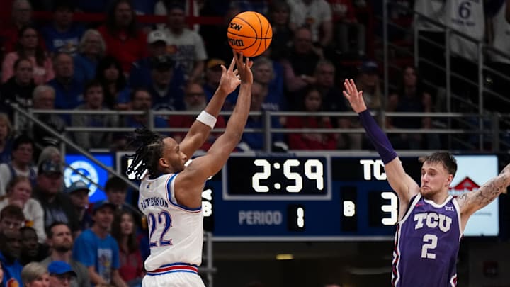 Jan 6, 2026; Lawrence, Kansas, USA; Kansas Jayhawks guard Darryn Peterson (22) shoots over TCU Horned Frogs guard Brock Harding (2) during the first half of the game at Allen Fieldhouse. Mandatory Credit: Denny Medley-Imagn Images Jan 6, 2026; Lawrence, Kansas, USA; Kansas Jayhawks guard Darryn Peterson (22) shoots over TCU Horned Frogs guard Brock Harding (2) during the first half of the game at Allen Fieldhouse. Mandatory Credit: Denny Medley-Imagn Images