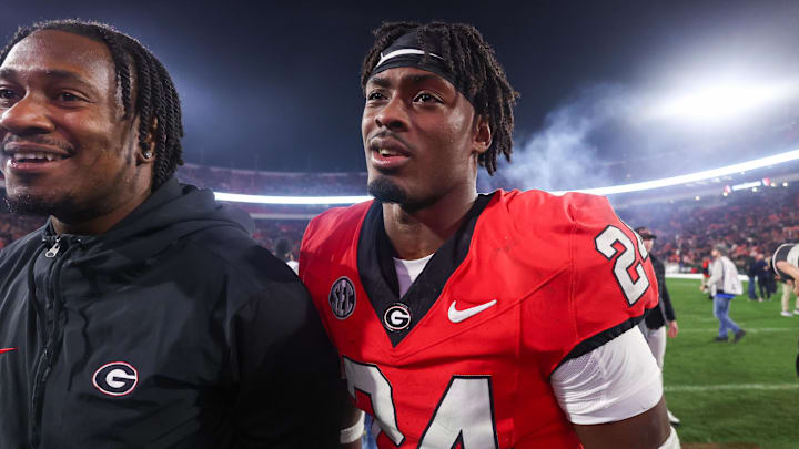 Georgia Bulldogs defensive back Malaki Starks celebrates after a victory over the Tennessee Volunteers.