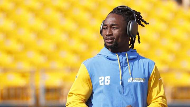 Sep 22, 2024; Pittsburgh, Pennsylvania, USA;  Los Angeles Chargers cornerback Asante Samuel Jr. (26) walks the field before playing the Pittsburgh Steelers at Acrisure Stadium. Mandatory Credit: Charles LeClaire-Imagn Images