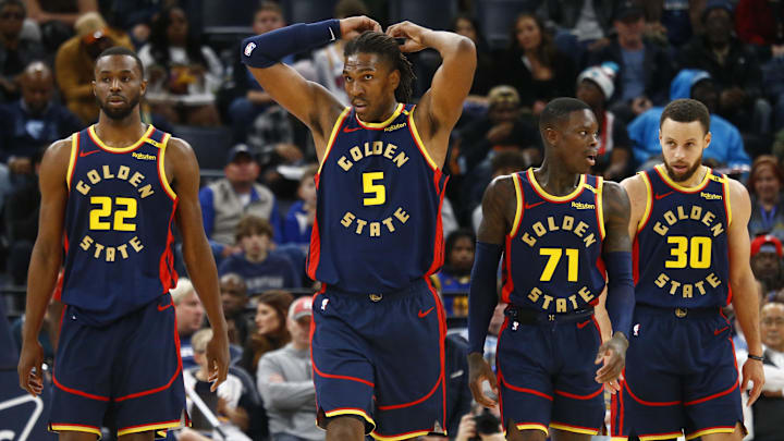 Dec 19, 2024; Memphis, Tennessee, USA; Golden State Warriors forward Andrew Wiggins (22), forward Kevon Looney (5), guard Dennis Schroder (71), and guard Stephen Curry (30) wait for play to resume during the third quarter against the Memphis Grizzlies at FedExForum. Mandatory Credit: Petre Thomas-Imagn Images Dec 19, 2024; Memphis, Tennessee, USA; Golden State Warriors forward Andrew Wiggins (22), forward Kevon Looney (5), guard Dennis Schroder (71), and guard Stephen Curry (30) wait for play to resume during the third quarter against the Memphis Grizzlies at FedExForum. Mandatory Credit: Petre Thomas-Imagn Images