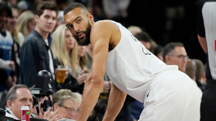 Minnesota Timberwolves center Rudy Gobert prepares to play the Brooklyn Nets at the start of the game at Target Center in Minneapolis on April 11, 2025.