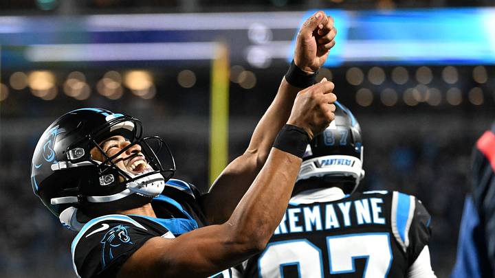 Oct 4, 2026; Charlotte, North Carolina, USA; Carolina Panthers quarterback Bryce Young (9) celebrates after a touchdown by wide receiver Tetairoa McMillan (not pictured) against the Detroit Lions during the third quarter at Bank of America Stadium. Mandatory Credit: Bob Donnan-Imagn Images Oct 4, 2026; Charlotte, North Carolina, USA; Carolina Panthers quarterback Bryce Young (9) celebrates after a touchdown by wide receiver Tetairoa McMillan (not pictured) against the Detroit Lions during the third quarter at Bank of America Stadium. Mandatory Credit: Bob Donnan-Imagn Images