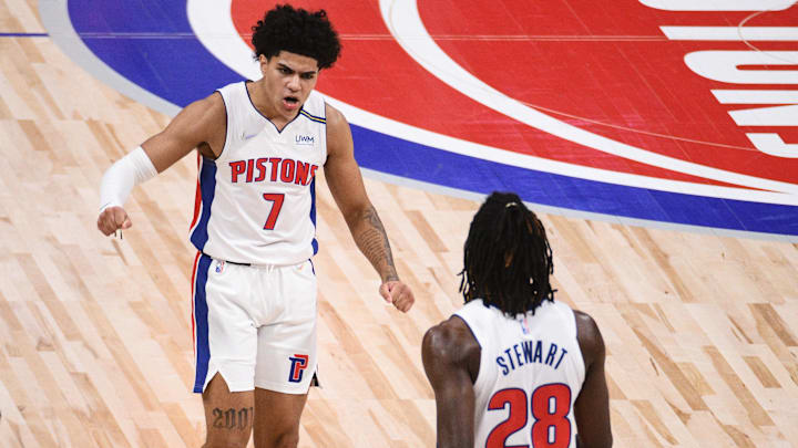 Dec 19, 2021; Detroit, Michigan, USA; Detroit Pistons guard Killian Hayes (7) celebrates with center Isaiah Stewart