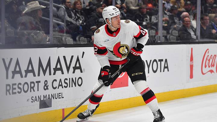 Oct 29, 2026; Los Angeles, California, USA; Ottawa Senators right wing Hayden Hodgson (42) controls the puck against the Los Angeles Kings during the first period at Crypto.com Arena. Mandatory Credit: Gary A. Vasquez-Imagn Images Oct 29, 2026; Los Angeles, California, USA; Ottawa Senators right wing Hayden Hodgson (42) controls the puck against the Los Angeles Kings during the first period at Crypto.com Arena. Mandatory Credit: Gary A. Vasquez-Imagn Images