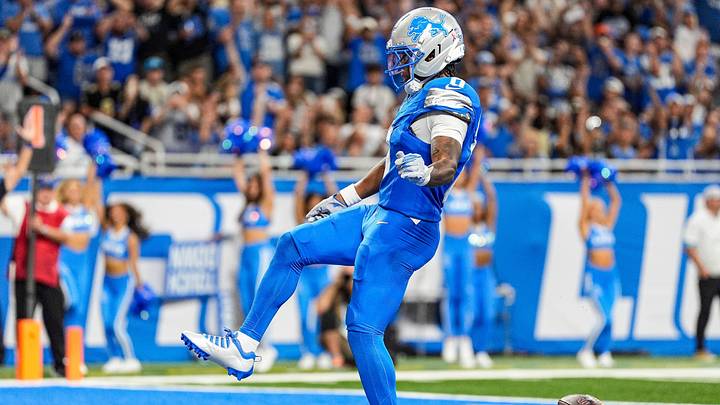 Detroit Lions running back Jahmyr Gibbs (0) celebrates a touchdown against New Orleans Saints during the first half on Sunday, Sept. 13, 2026 at Ford Field in Detroit.