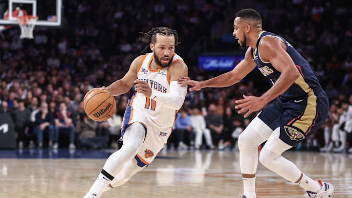 Dec 1, 2024; New York, New York, USA; New York Knicks guard Jalen Brunson (11) drives past New Orleans Pelicans guard Dejounte Murray (5) in the second quarter at Madison Square Garden. Mandatory Credit: Wendell Cruz-Imagn Images Dec 1, 2024; New York, New York, USA; New York Knicks guard Jalen Brunson (11) drives past New Orleans Pelicans guard Dejounte Murray (5) in the second quarter at Madison Square Garden. Mandatory Credit: Wendell Cruz-Imagn Images