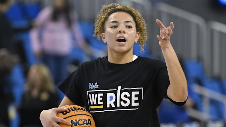 Feb 2, 2025; Los Angeles, California, USA; UCLA Bruins guard Kiki Rice during pre-game warmups before playing the Minnesota Golden Gophers at Pauley Pavilion presented by Wescom. Mandatory Credit: Robert Hanashiro-Imagn Images