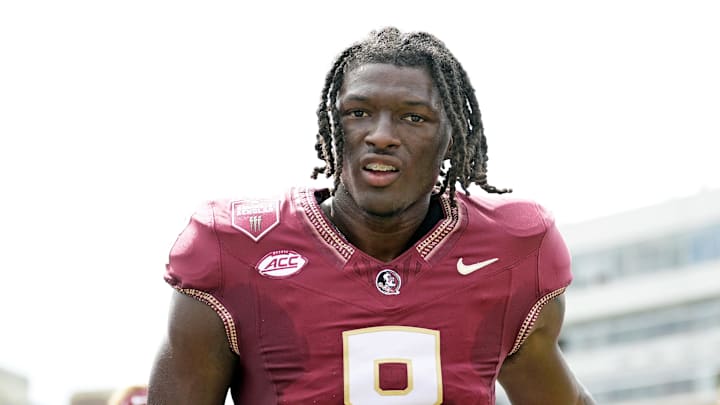 Sep 14, 2024; Tallahassee, Florida, USA; Florida State Seminoles wide receiver Hykeem Williams (8) before a game against the Memphis Tigers at Doak S. Campbell Stadium. Mandatory Credit: Melina Myers-Imagn Images